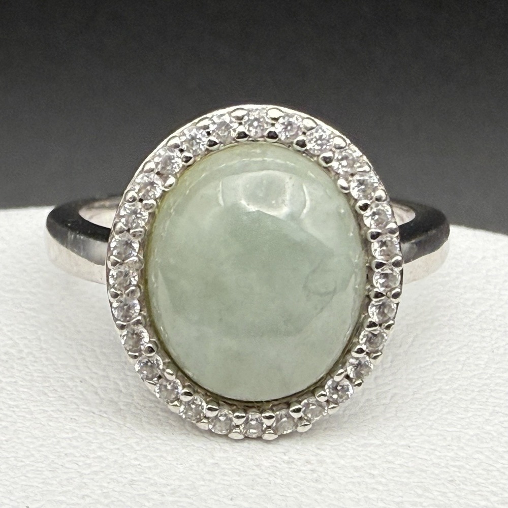 PAJ Vintage Sterling Silver Jade Cabochon Halo Ring Green CZ Accent Size 7.5